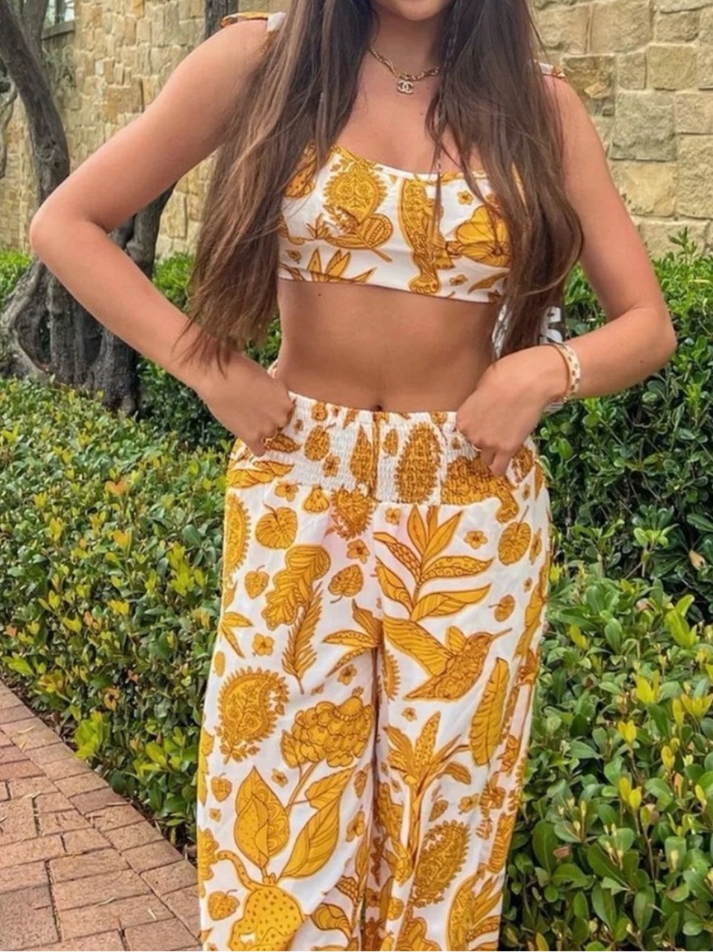 Cider White & Mustard Floral Wide-Leg Pants